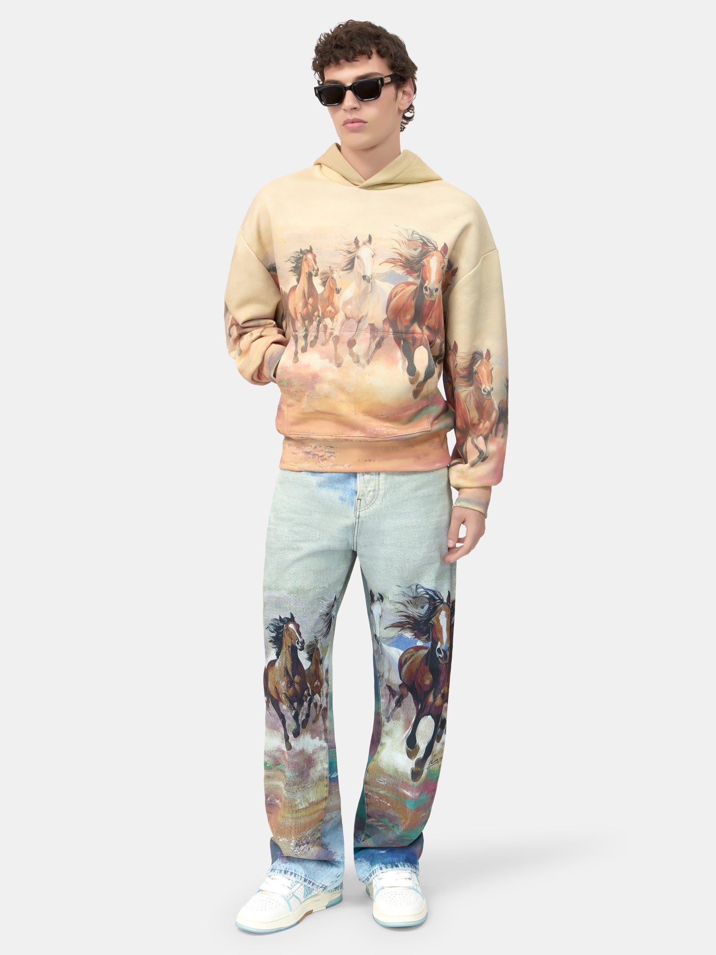PANTALÓN AJUSTADO DE LINO CON ESTAMPADO DE CABALLOS - AZUL CLOUD