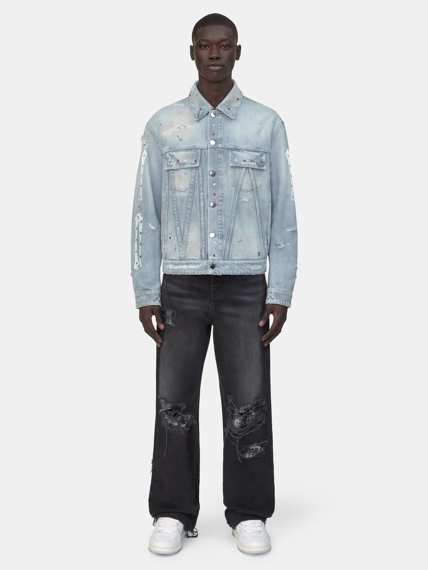 CHAQUETA TRUCKER CON PUNTAS DE HUESOS - Azul Antiguo Perfecto