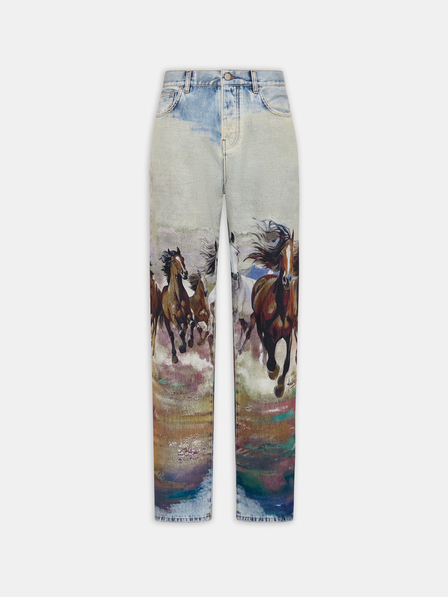 PANTALÓN AJUSTADO DE LINO CON ESTAMPADO DE CABALLOS - AZUL CLOUD